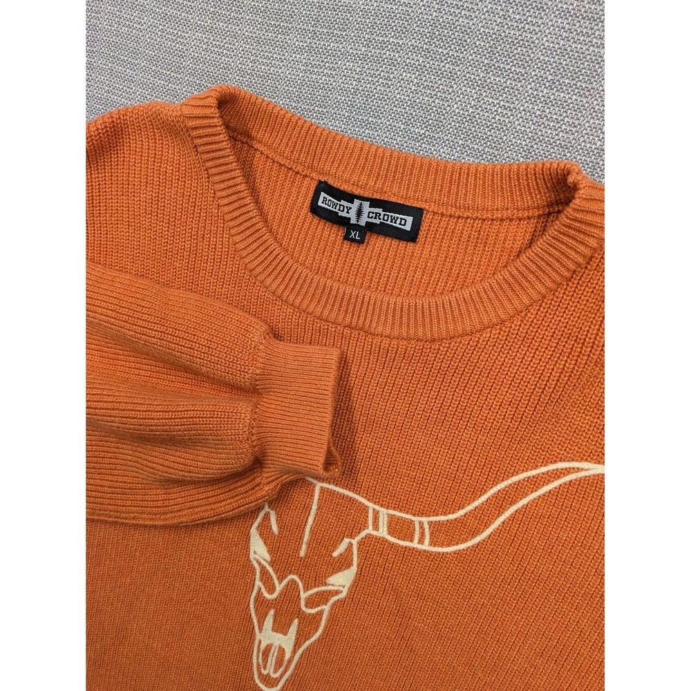 Rowdy Crowd Sweater Mens XL Orange Longhorn Skull Graphic Crew Neck Western